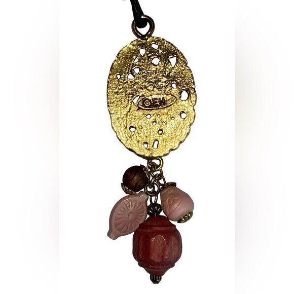 EIVIND HILLESTAD Marked EH Gold Plate Pendant Pink Bead Cord Necklace NORWAY - Picture 3 of 4